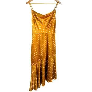 J.O.A. Yellow Mustard & White Polka Dots Bias Cut Lingerie Silky Maxi Dress XS